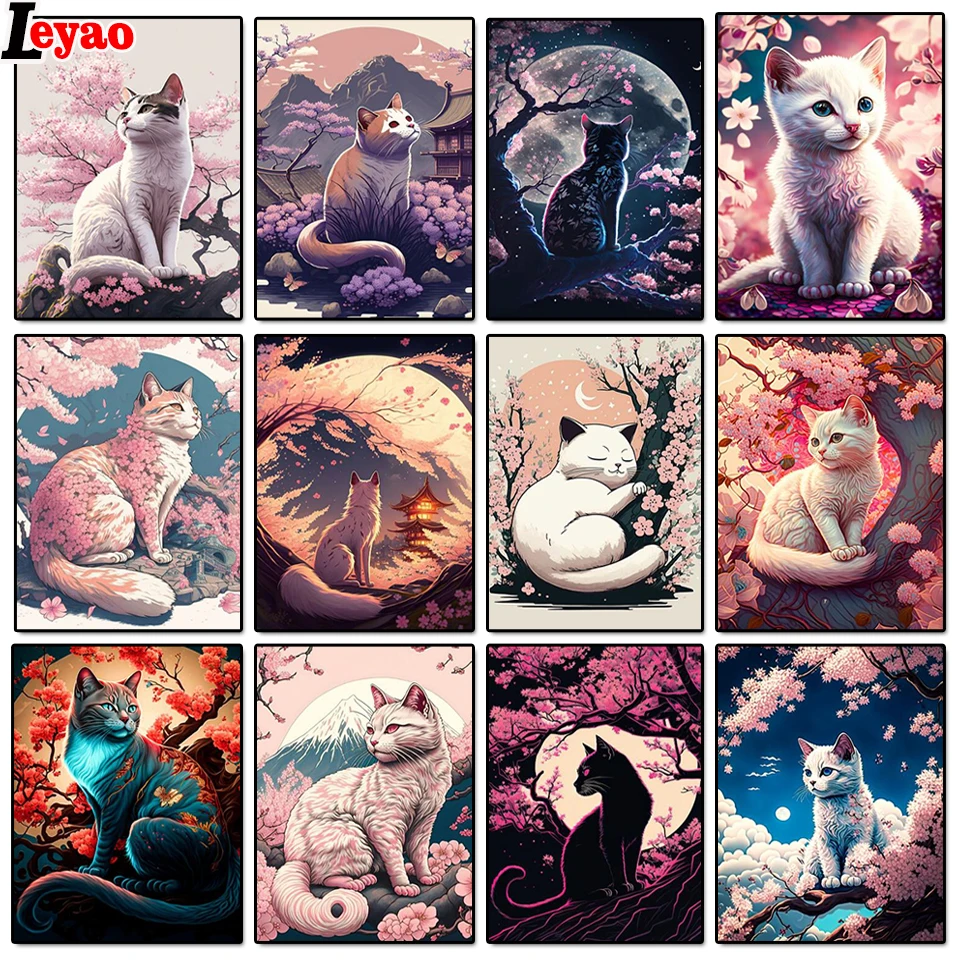 

5D Diamond Painting Full Square Round Cat Cherry Blossom Japan Landscape Pictures Animals Diamond Embroidery Diamond Mosaic Sale