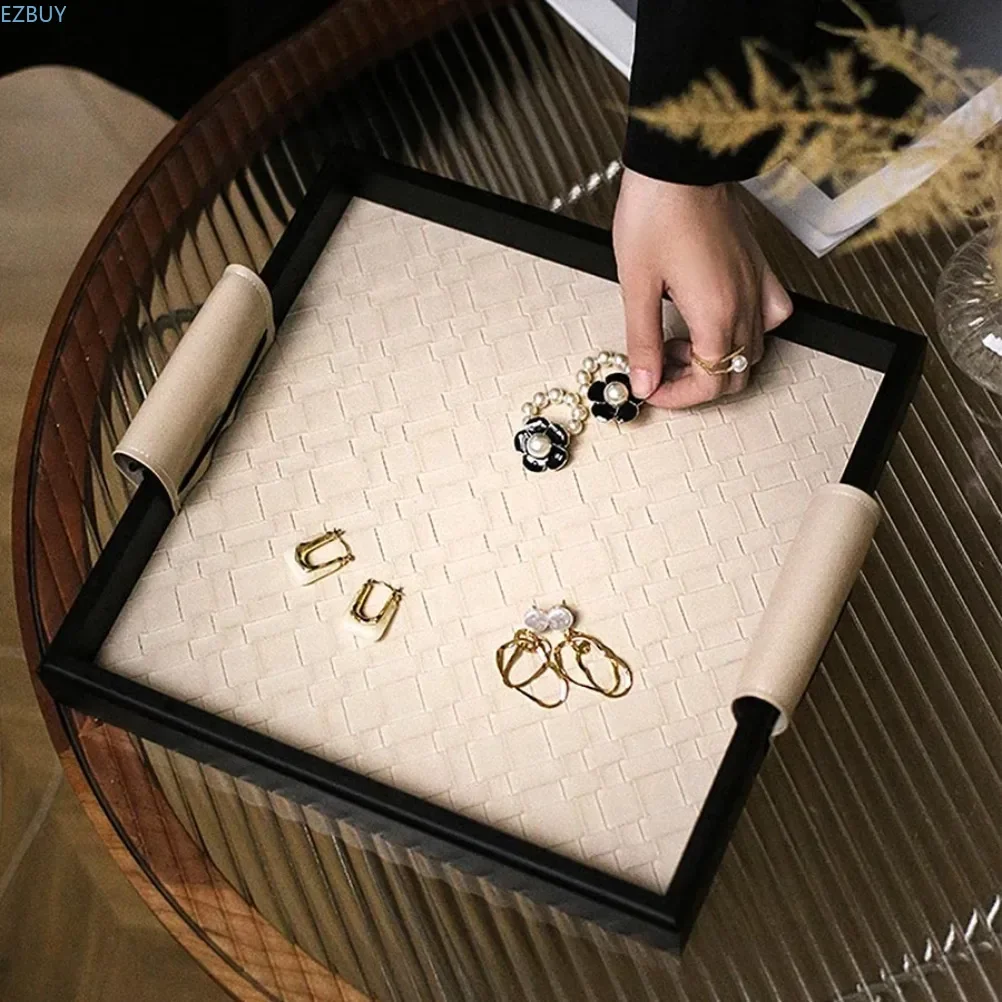 Weaving Pattern Solid Wood Tray Aromatherapy Trays Decorative Tray Home Retro Living Room Handmade Leather Tray Ornament