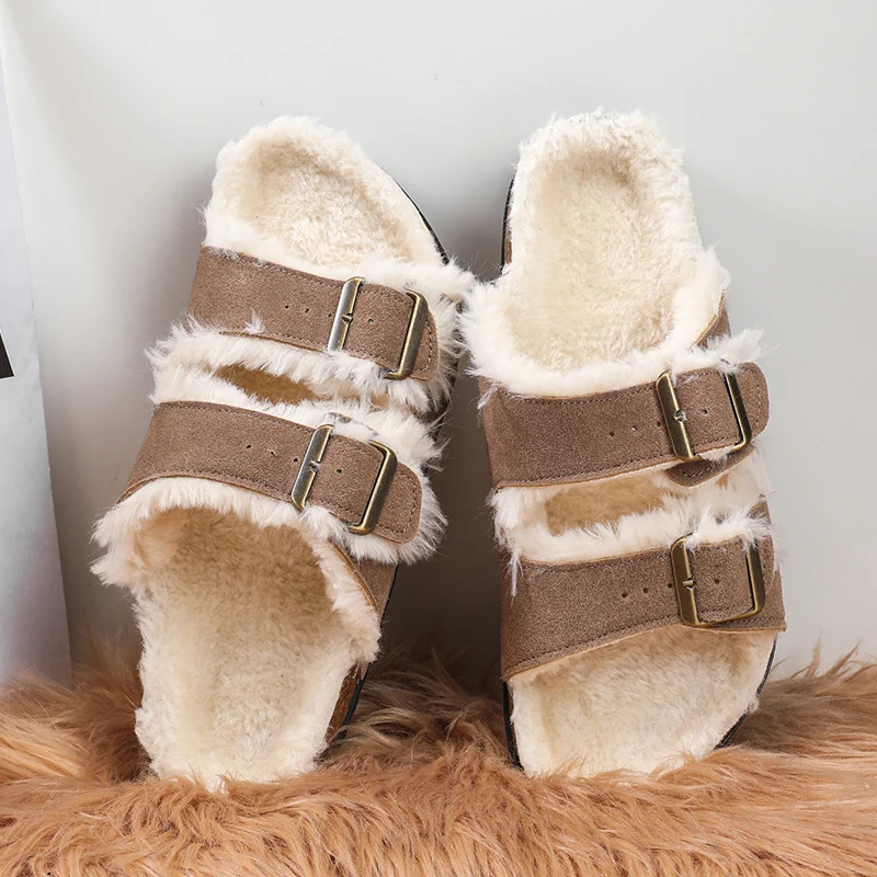 Men Women Plush Fur Slippers with Double Buckle Cork Sandals Winter Supper Warm Home Shoes Barefoot Comfort Footbed Sales