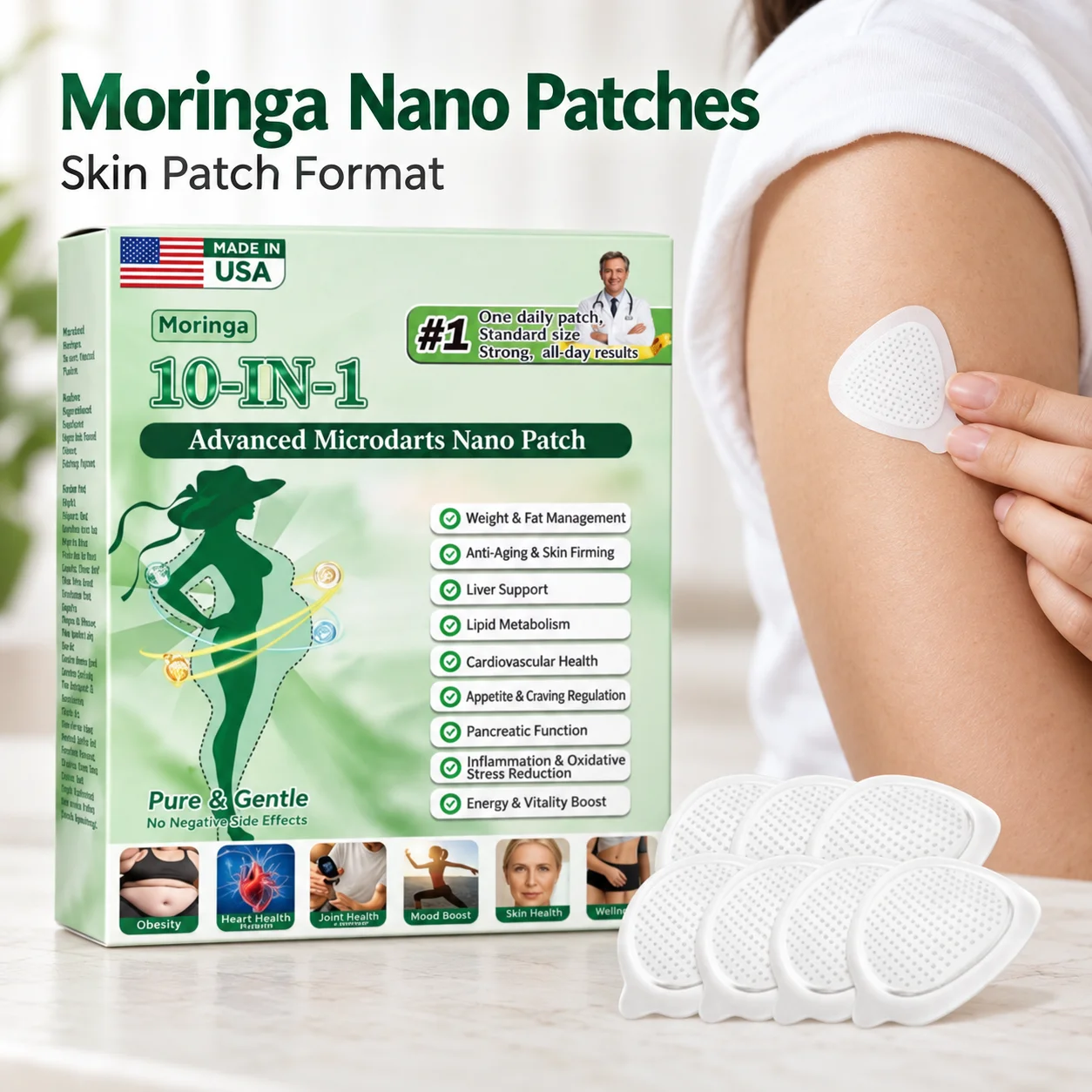 Seven Piece Nano Microneedle Patch Pack With Moringa And NAD Plus In White Featuring Rounded Triangular Shape And Box Packaging