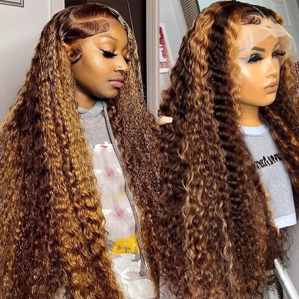 30 40 Inch Highlight Honey Brown Glueless Curly Lace Front Human Hair Wigs 7x5 13x4 Ombre Colored Deep Wave Lace Frontal Wig