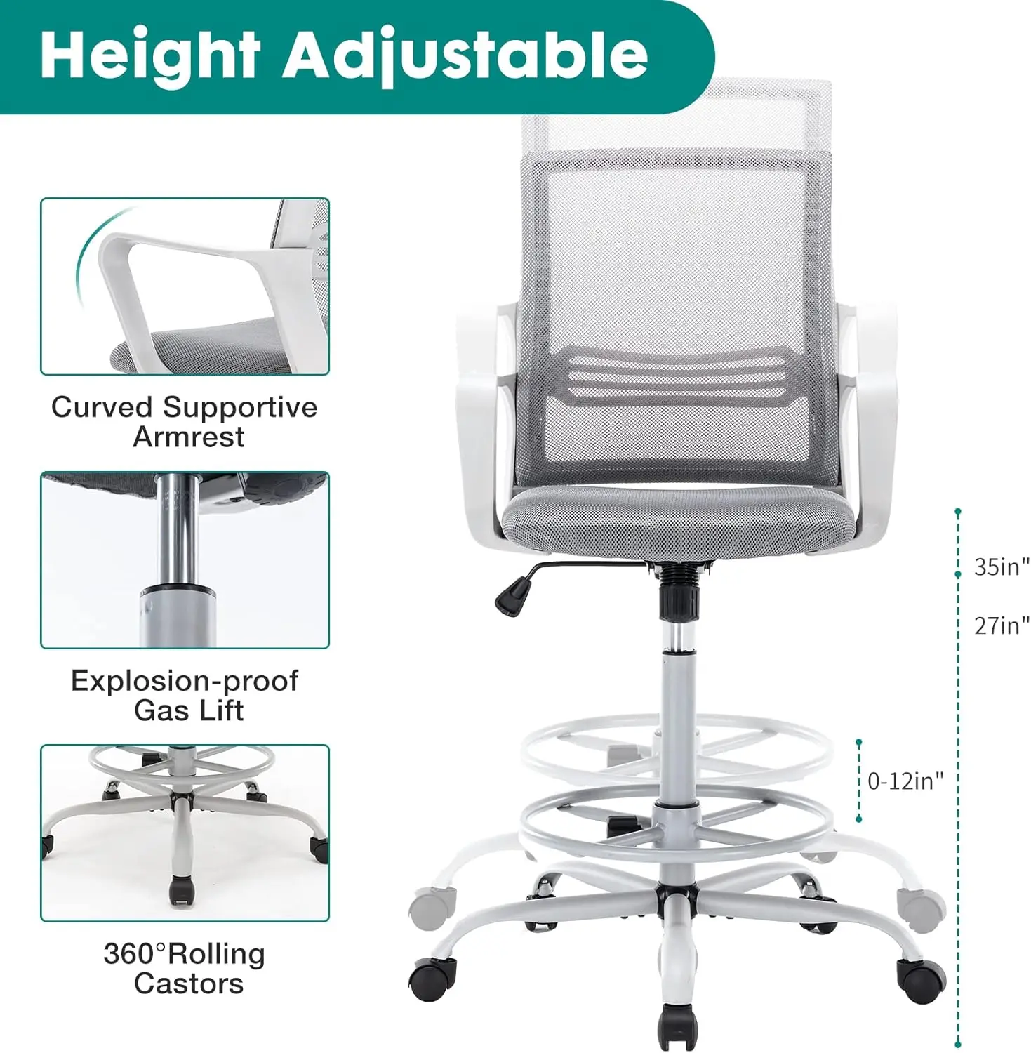

Olixis Drafting Chair - Tall Standing Office Desk Chair With Adjustable Foot Ring, Chair With Ergonomic Lumbar Support,