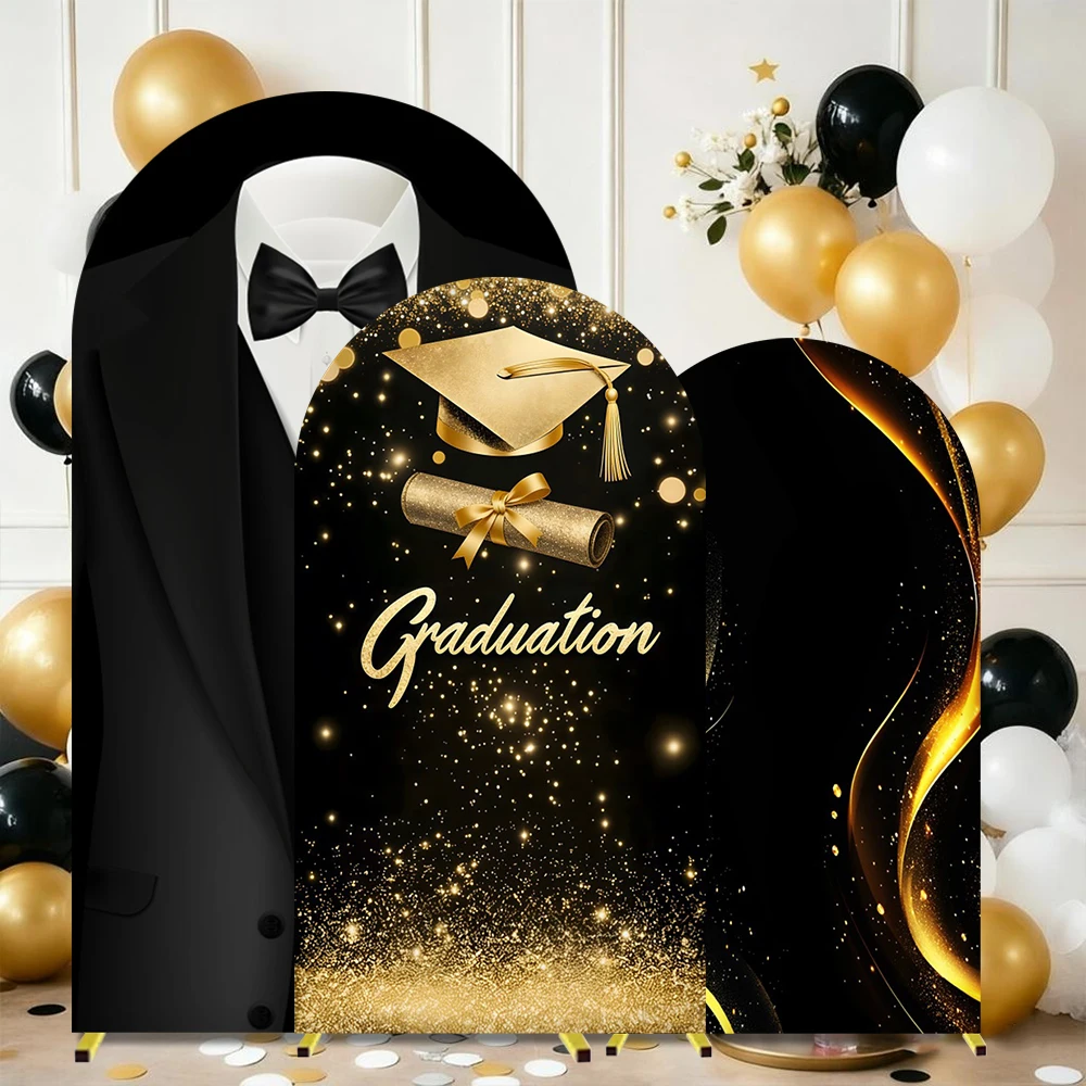 

Черно-золотой декоративный фон-арка из спандекса для выпускного вечера и фотосессий, с узором «Градуэтс» и элементами в виде галстуков и костюмов