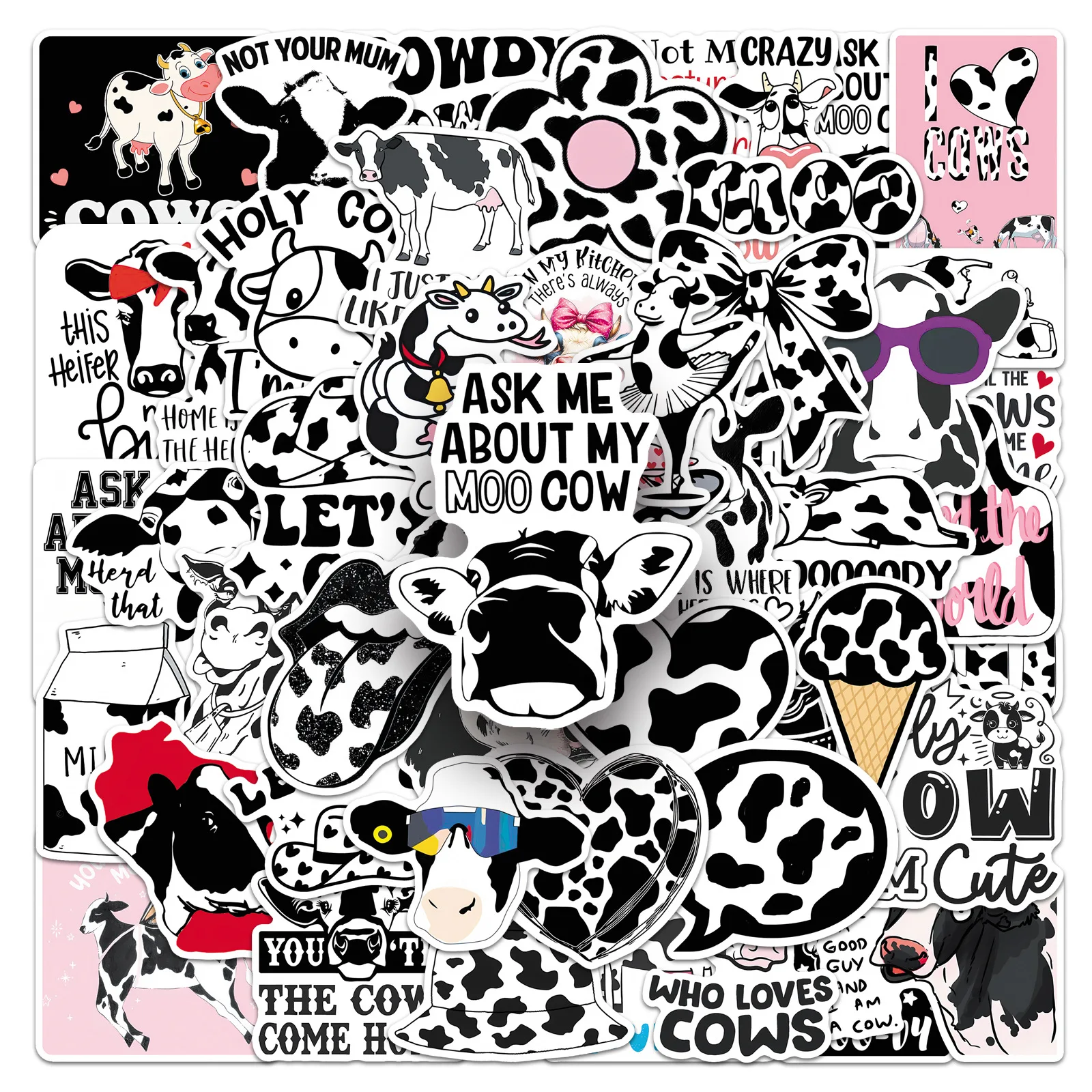 Autocollant créatif à motif de vache noir et blanc, 50 pièces, décoration DIY pour téléphone, bagages, ordinateur portable, guitare, vélo, skateboard, réfrigérateur, jouet