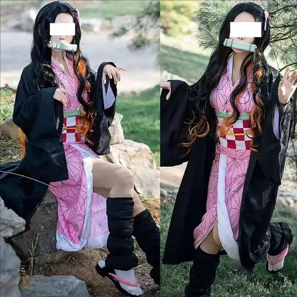 Anime Demon Slayer Kimetsu No Yaiba Kamado Nezuko Cosplay Costume adult children Women Kimono Wig Halloween Carnival Outfit Suit