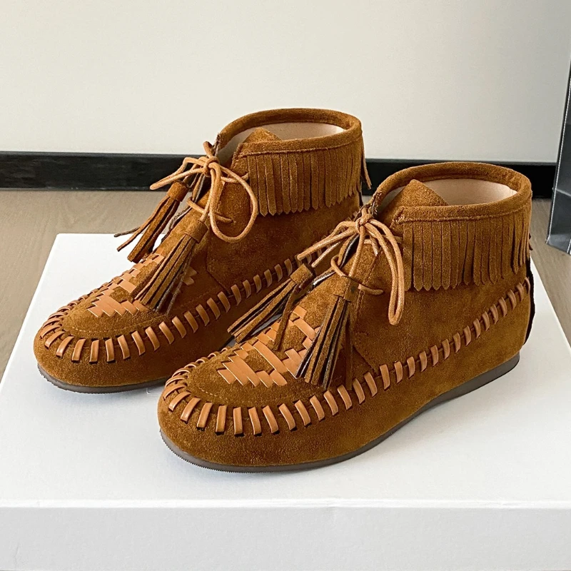 

Suede Retro Lace Up Tassel Ankle Boots Women Brown Round Toe Flat Winter Boots Non Slip Comfort Casual Nubuck Weave Short Boots