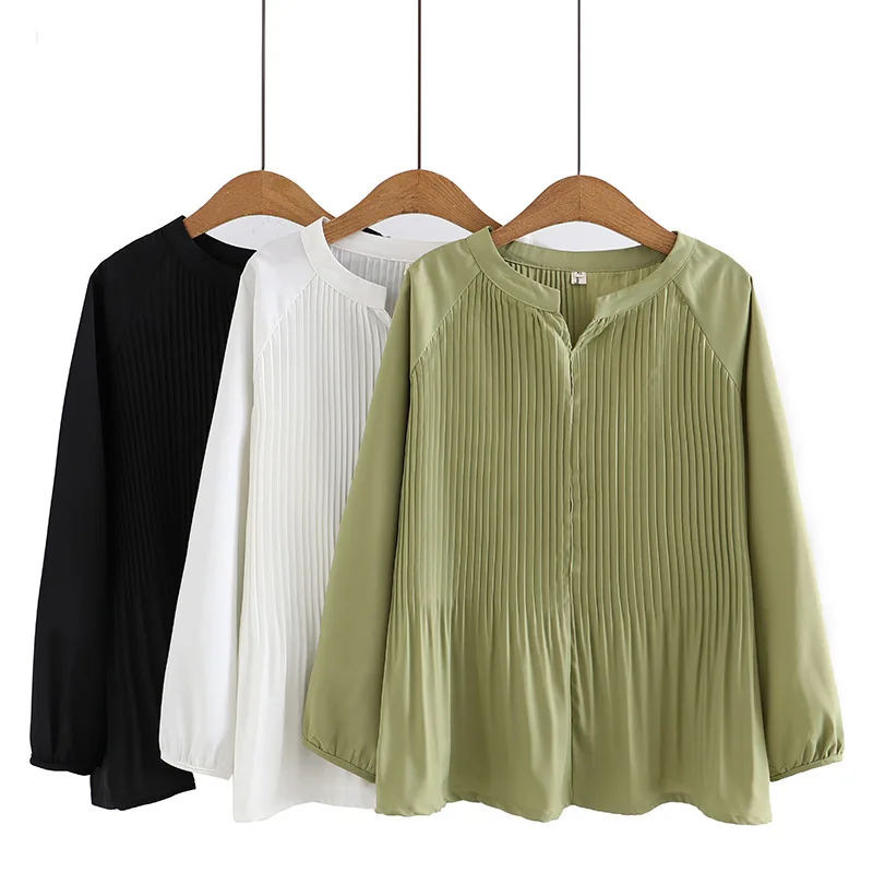 Women Blouses Plus Size 4xl LOOSE Temperament Pleated Tops Simple Solid Color Raglan Sleeves Chiffon Shirt Autumn 2022