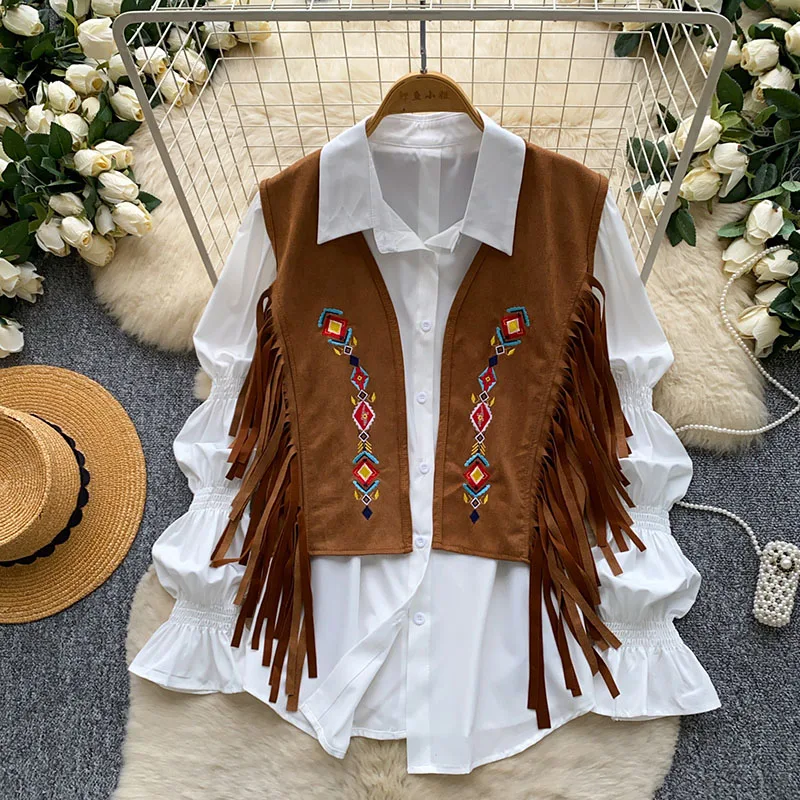 Tassel Embroidered Vest Two-piece Set Women Spring Autumn Loose Long Sleeved White Shirt Vest Ethnic Style Set C639