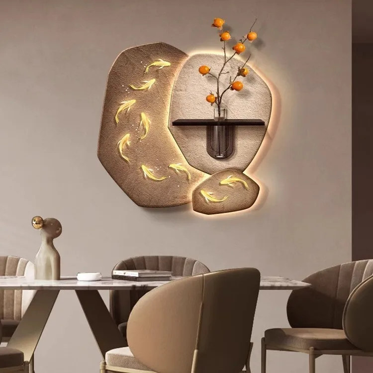 Jiuyu imagen restaurante decoración pintura Wasabi Fengshui compra plantas verdes mesa de comedor murales de pared luces y piedras para