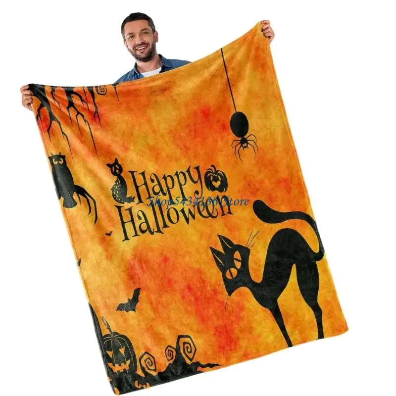 H7ED Polyester Halloweens Blanket Vibranting Colorfast Designs Portable Foldable for Parties Camping Home Theater