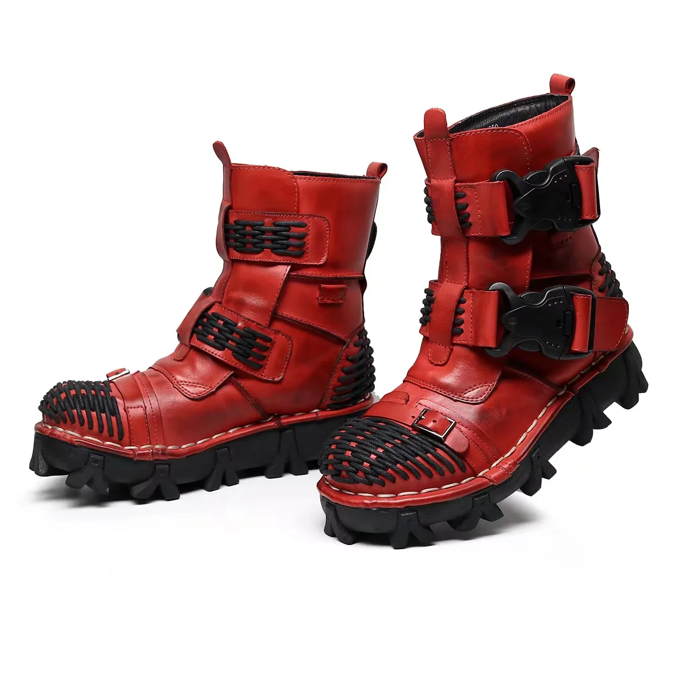 Men's Genuine Leather Motorcycle Boots,Goth Skull Buckle Strap Punk Thick Heel Mid-Calf Combat Boots Work Shoes Red view 2