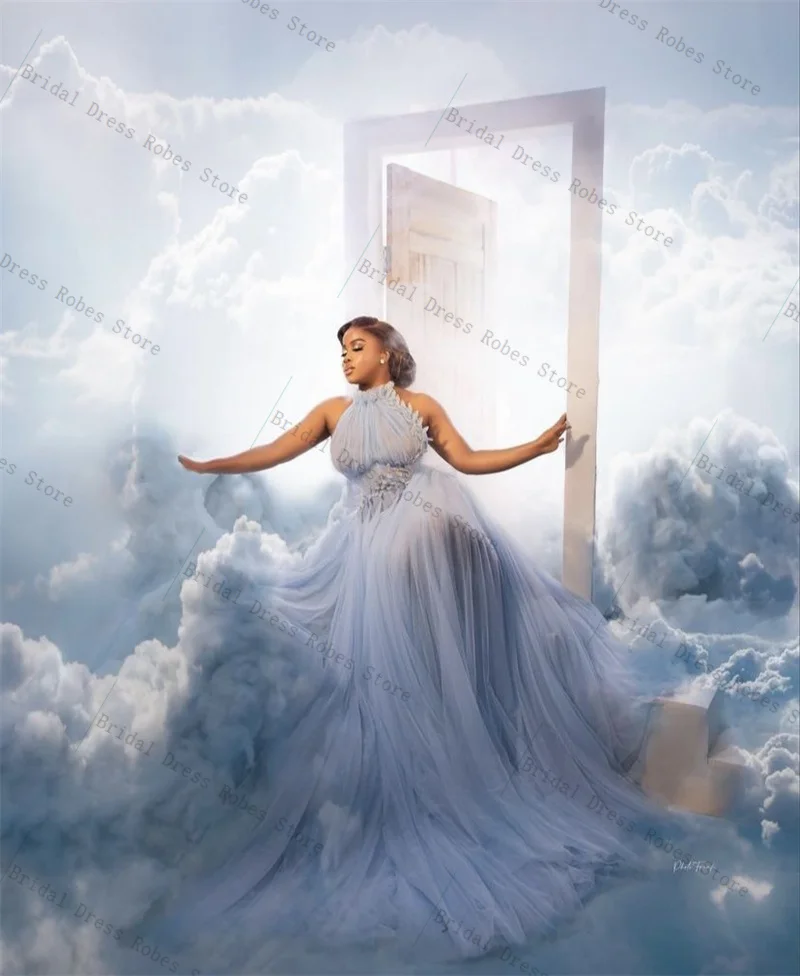 

Light Blue Women Pregnant Prom Dress For Photo Shoot Sexy Sleeveless High Neck Bridal Morning Robe Customized Long Party Gown
