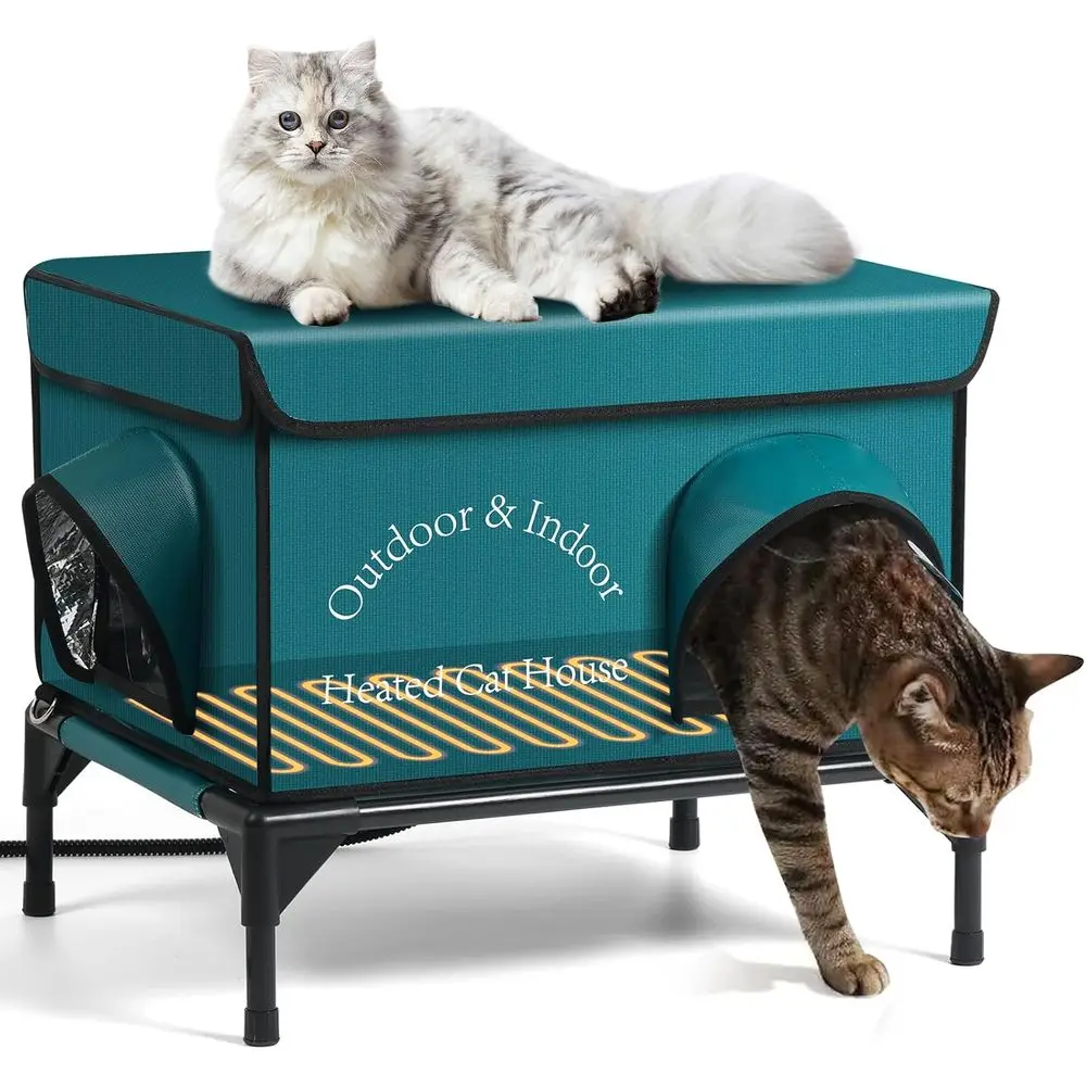 

Blue Insulated Outdoor Cat Shelter with Heating Pad, 2 Doors, Waterproof and Elevated for Feral Cats (21.5x16.5x18)