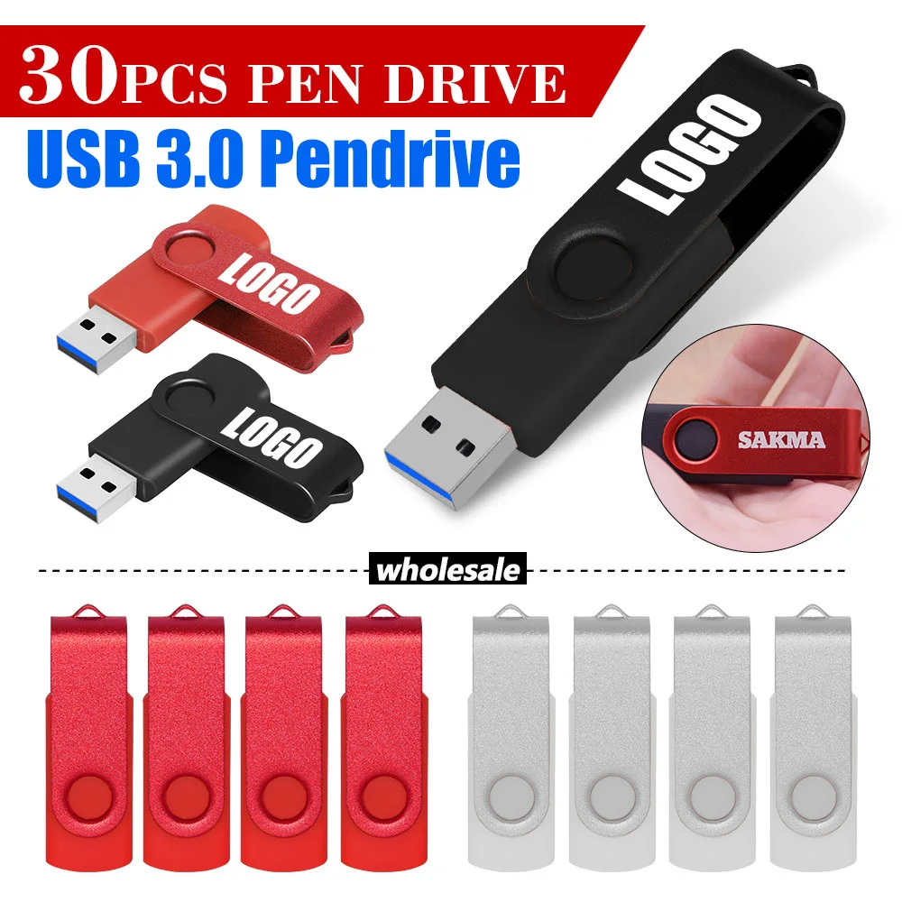 30PCS/lot New  3.0 USB Pen drive  Flash Drive Free Custom Logo Memory Stick 32GB 16GB 8GB Black PenDrive 64GB High Speed clé usb