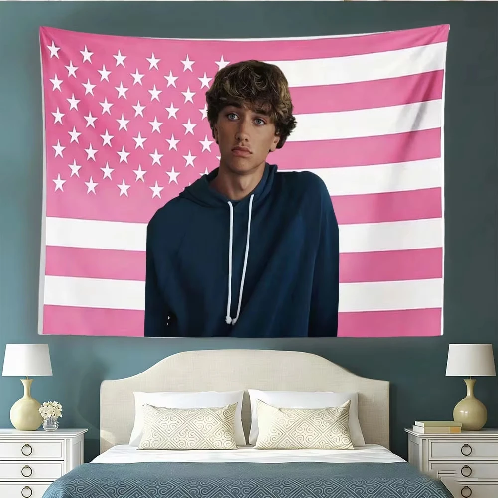 Celebrity Portrait Tapestry Wall Hanging, Pink White Star‑Stripe Flag Background Wall Tapestries, Aesthetic Room Decor Cloth for