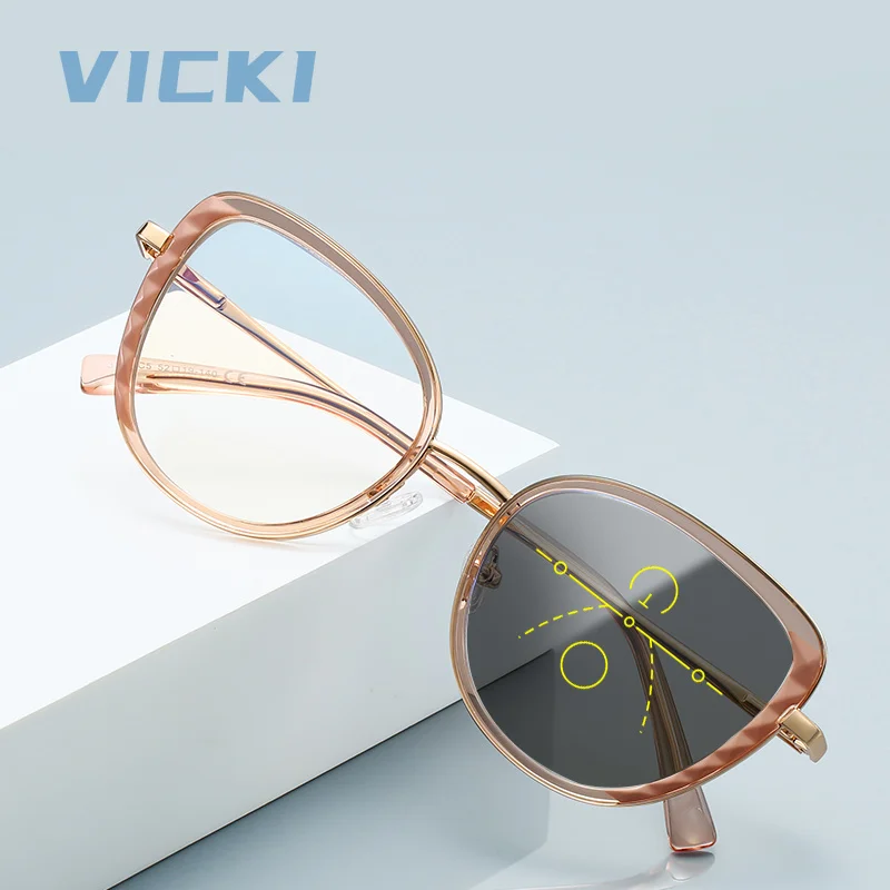 VICKI Neues Modell, geometrisches Modedesign, allmähliche multifokale Anti-Blaulicht-Brille, photochrom, anpassbare Sehstärke 3147