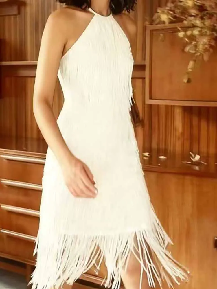 Glänzendes, schmales Partykleid mit Pailletten und Quasten, lässig, schulterfrei, hohl, Cocktailkleider, sexy Damen-Neckholder, ärmellos, solides langes Kleid