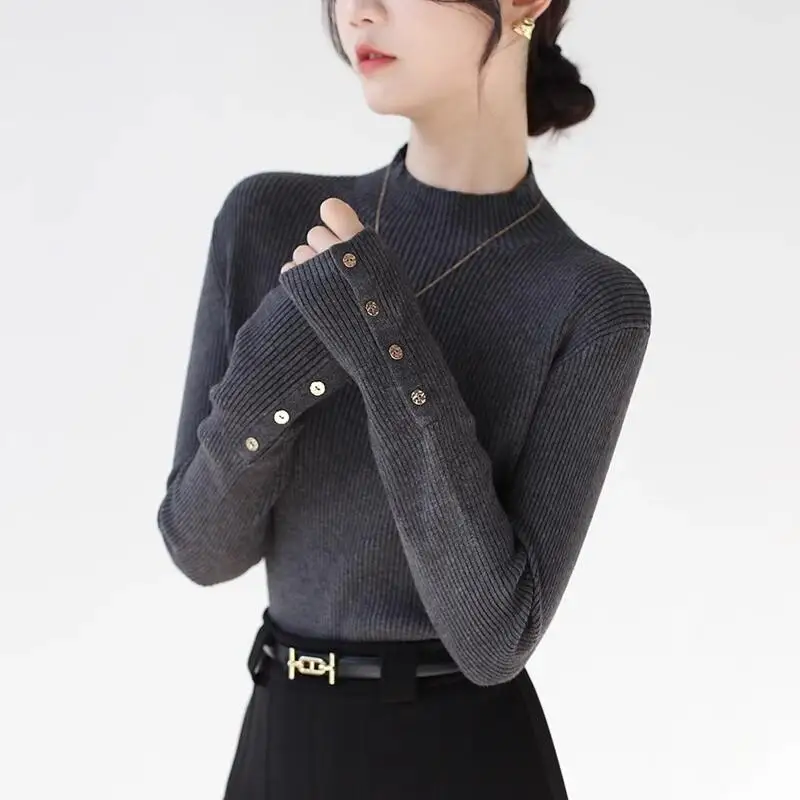 

High End Dark Gray Semi High Neck Knitted Sweater for Women in Autumn Winter 2025 Beautiful Stylish Tops Underneath Base Coat