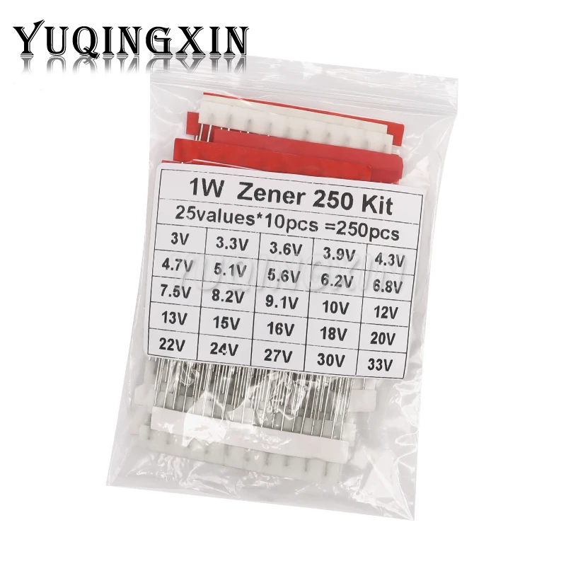 250pcs  1W Zener Diode Assorted Kit DO-41 3V-33V 25Values Each 10pcs DIY Sample Assortment Set New