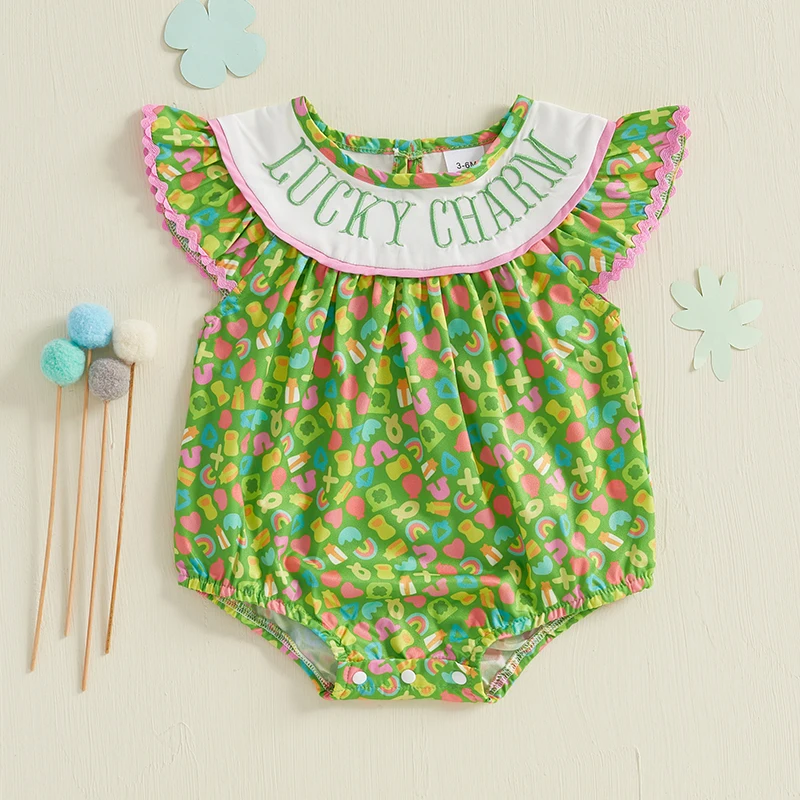 Newborn Infant Baby Girl Bubble Romper Lucky Charm Ruffle Sleeveless Cartoon Smocked Jumpsuit My First St Patricks Day Outfit