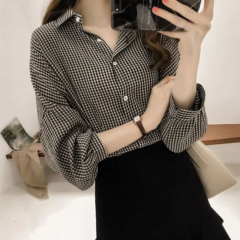 2023 Spring Autumn Women\'s Korean BF Style Oversize Streetwear Lantern Sleeve Plaid Button Up Shirt Simple All Match Blouse Top