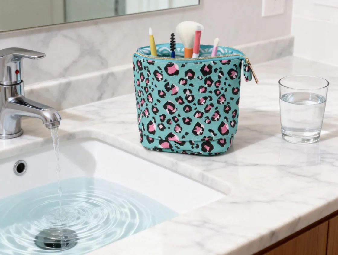Stand-Up Adjustable Height Cosmetic Organizer Makeup Brush Holder & Travel Bag – Blue Leopard print with 5-Piece Brush Set