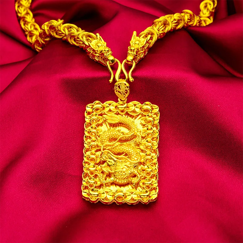 Ciondolo drago da uomo audace (24K AU999) - Testa di drago in rilievo 3D, catena opaca, negoziazione aziendale, leadership maestosa