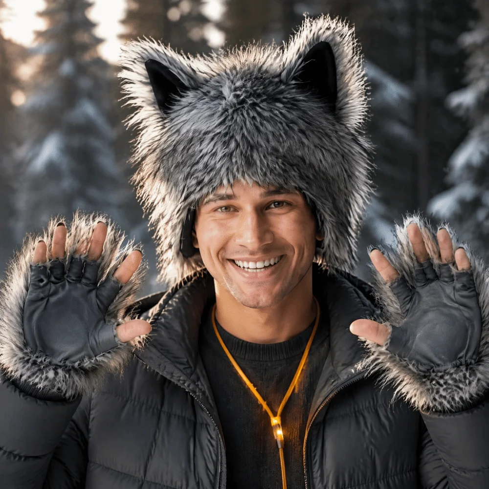 Holiday Grey Wolf Paw Cosplay Set Fluffy Texture Hairy Werewolf Paw Mitten Plush Faux Fur Cosplay Wolf Claws Halloween Party