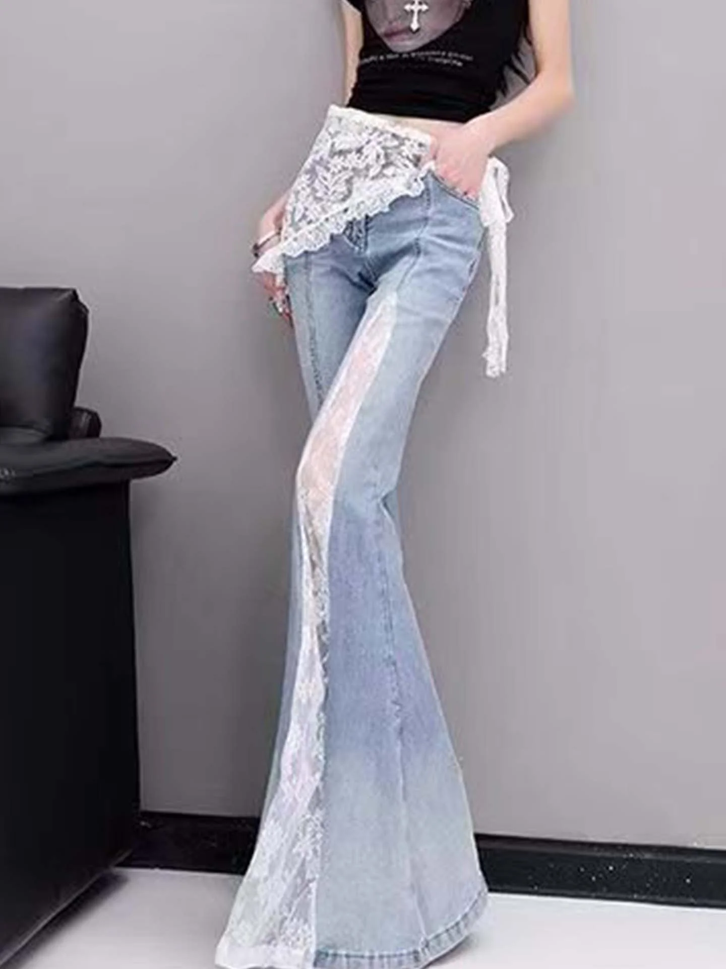 

Модные кружевные джинсы-колокольчики, женские утягивающие длинные брюки с высокой талией, осенние модные повседневные джинсовые узкие брюки