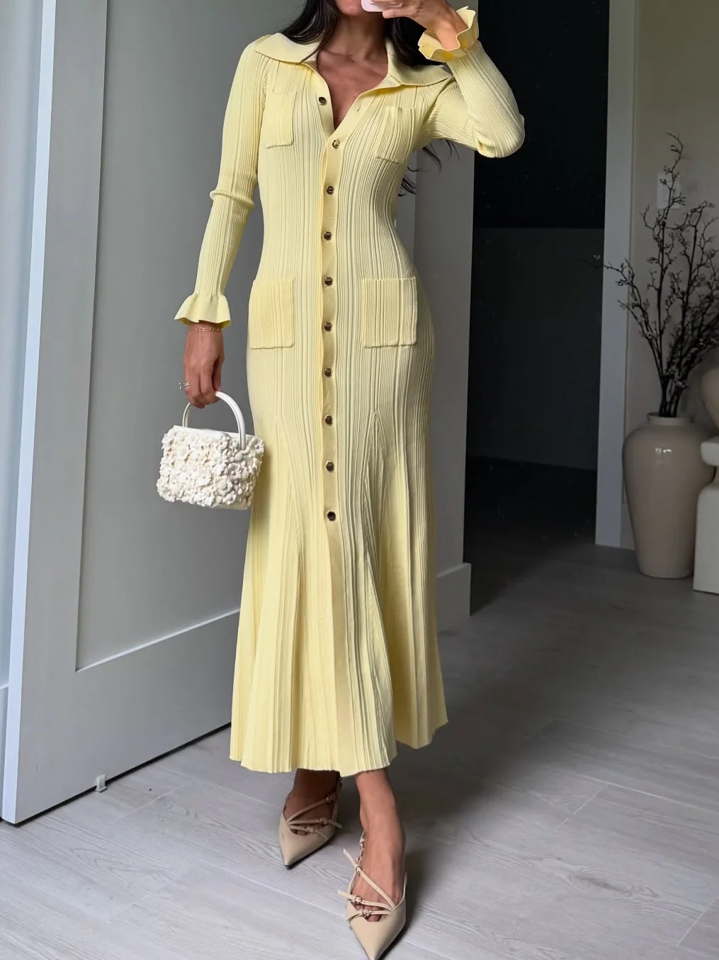 

Women's Fashion Casual Knitted Long Dress Single-Breasted Long Sleeve Slim Midi Elegant Party Dress Solid Color