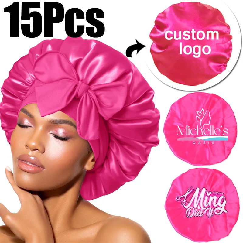 15Pcs Bonnet For Sleeping With LOGO Customize Extra Satin Silk Bonnet With Tie Band Soft Sleep Cap Hair Bonnets For Hair Saver