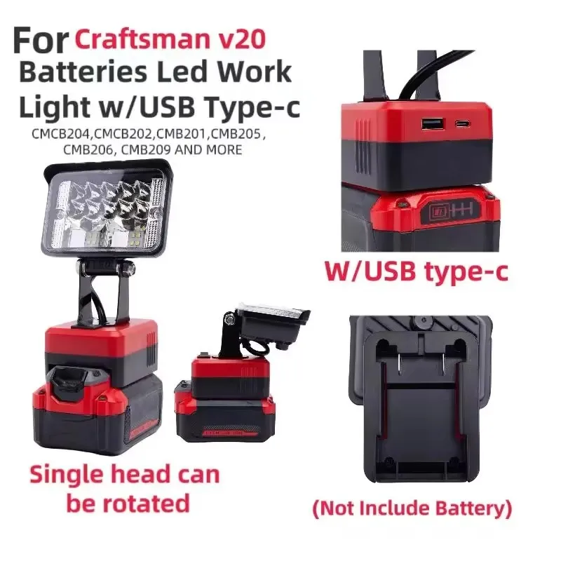 

Portable Flashlight LED Working Light Spotlight w/USB C-Type for Craftsman v20v Lithium Battery （Not Including Battery）