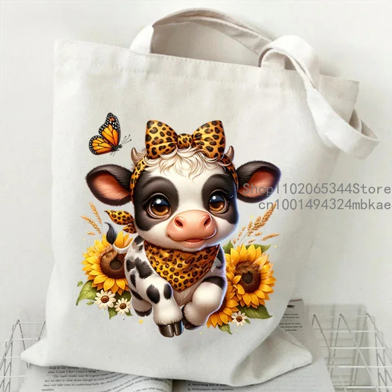 Canvas Tote Bag Cow Leopard Bow Pattern Women Handbags Dairy Cattle Sunflower Shoulder Tote Bag Cartoon Animal Teen Canvas Bags