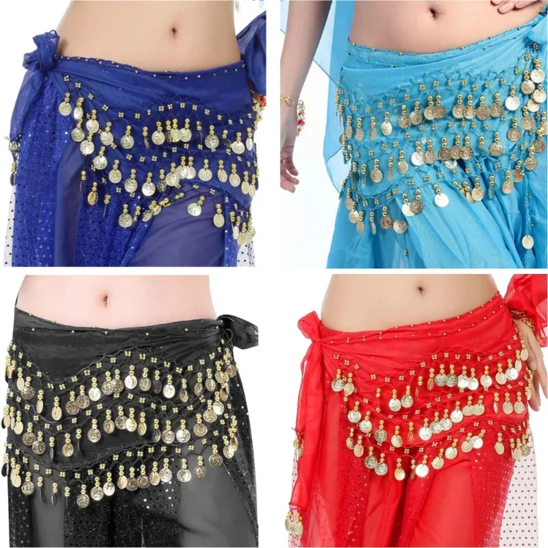 Cinturones de danza del vientre, cinturón de 3 filas, cinturón de monedas en tono dorado para mujer, 140cm, borlas de lentejuelas, bufanda de gasa para la cadera, accesorios para cinturones de danza del vientre