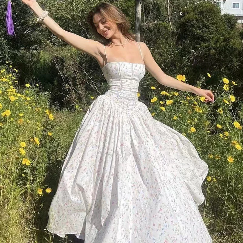 DGLUKE スパゲッティストラップ花柄マキシドレス女性ハイウエスト A ラインロングドレスエレガントなウエディングパーティードレス女性のための