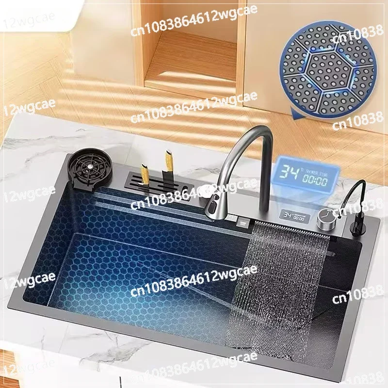 Digital Display Waterfall Kitchen Sink Large Single Slot Nano Stainless Steel Sink Undercounter Honeycomb Embossed Kitchen Sink