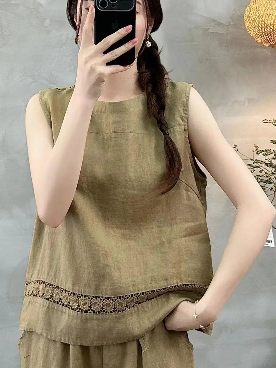Lace Splice Loose Women's Sleeveless Vest Simple Artistic Retro Shoulder Pad Ultra Short A-Line Narrow Strap Vest Summer 2026
