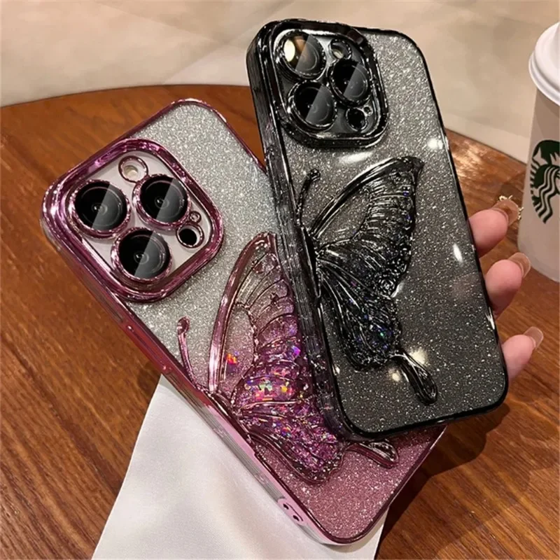 

Gradient Glitter Butterfly Quicksand Plating Clear Phone Cases for iPhone 12 11 15 13 14 Pro Max Shockproof Soft Silicone Cover