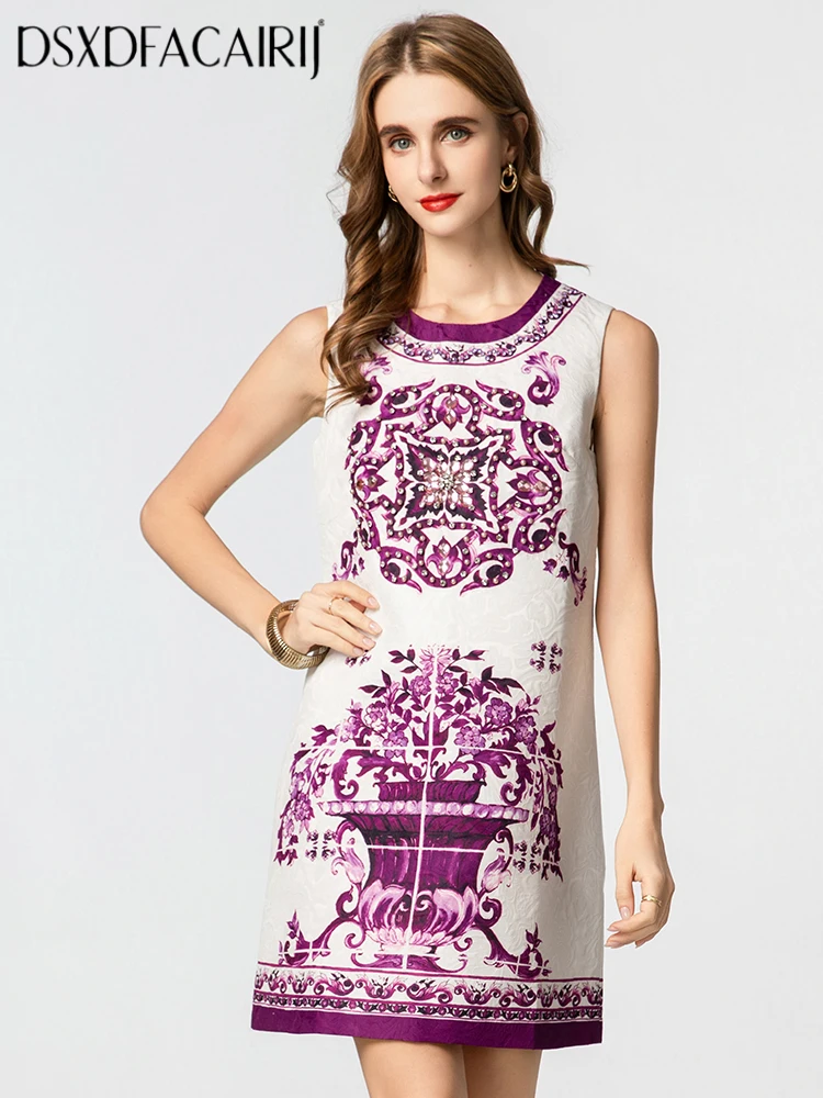 

DSFACAIRIJ Women's O-Neck Sleeveless Mini Dress Vintage Print Beaded Summer Fashion Vest Dress for Females