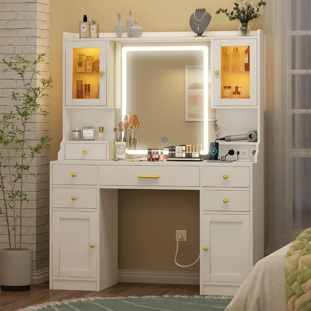 White Large Vanity Desk with Mirror,Lights and Charging Station,Make Up Vanity Mirror with 3 Lights Mode and Brightness Adjusted