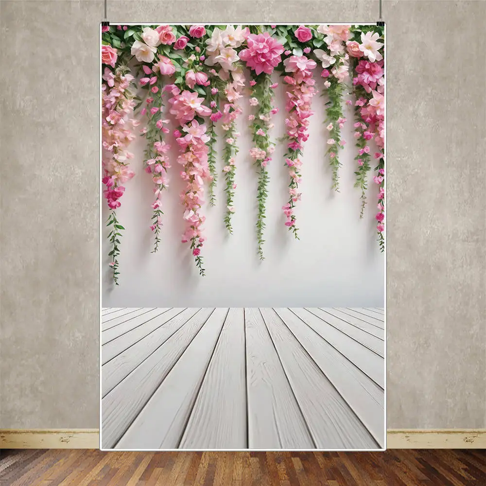 MOON.QG Wisteria Hanging Flowers Backdrop Floral White Brick Wall Photo Studio Background Photography Studio Photozone Back Drop