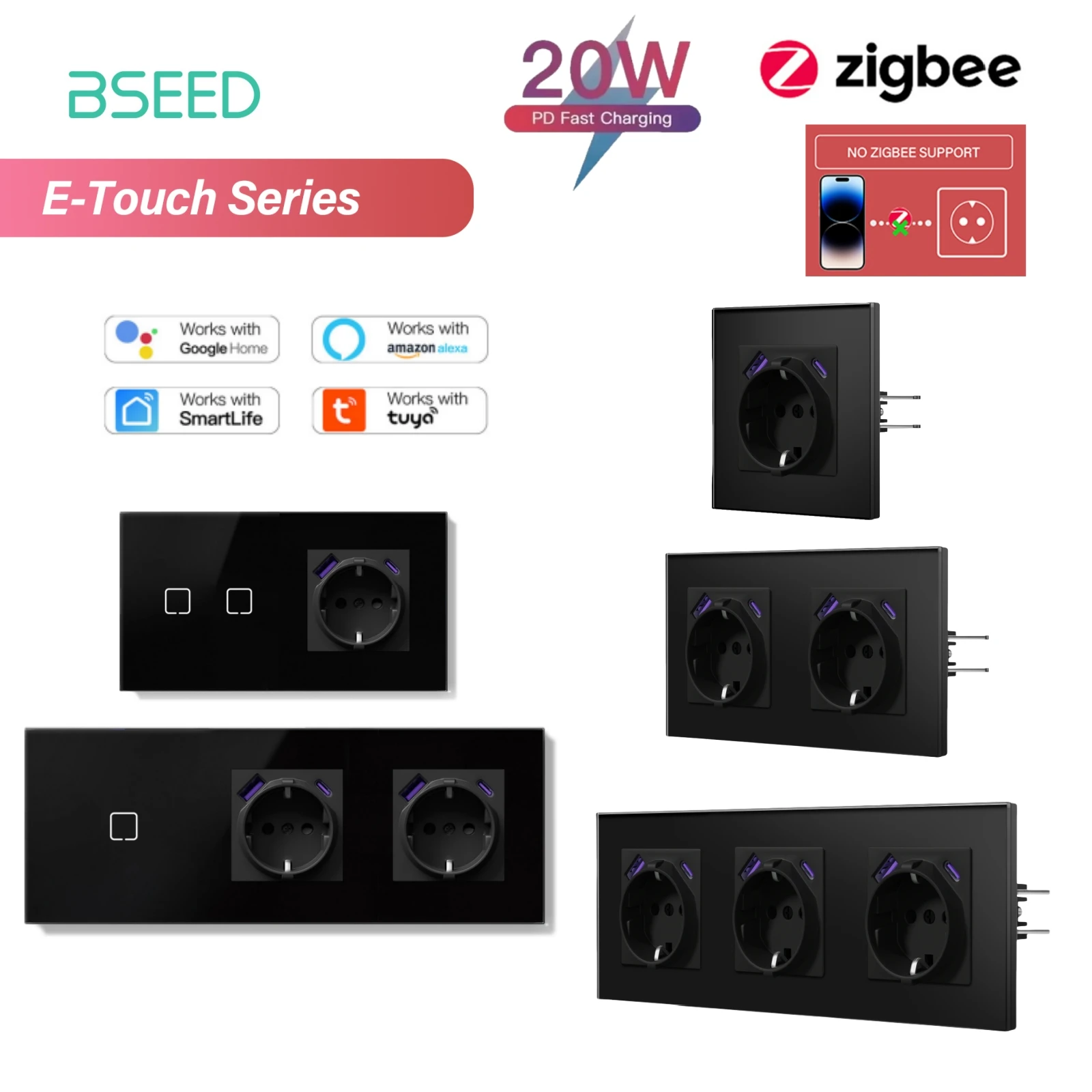 

BSEED 1/2/3/4Gang Zigbee сенсорный переключатель стекло с USB-C розетками европейского стандарта 20 Вт умный настенный выключатель с сенсорным экраном подсветка серии E