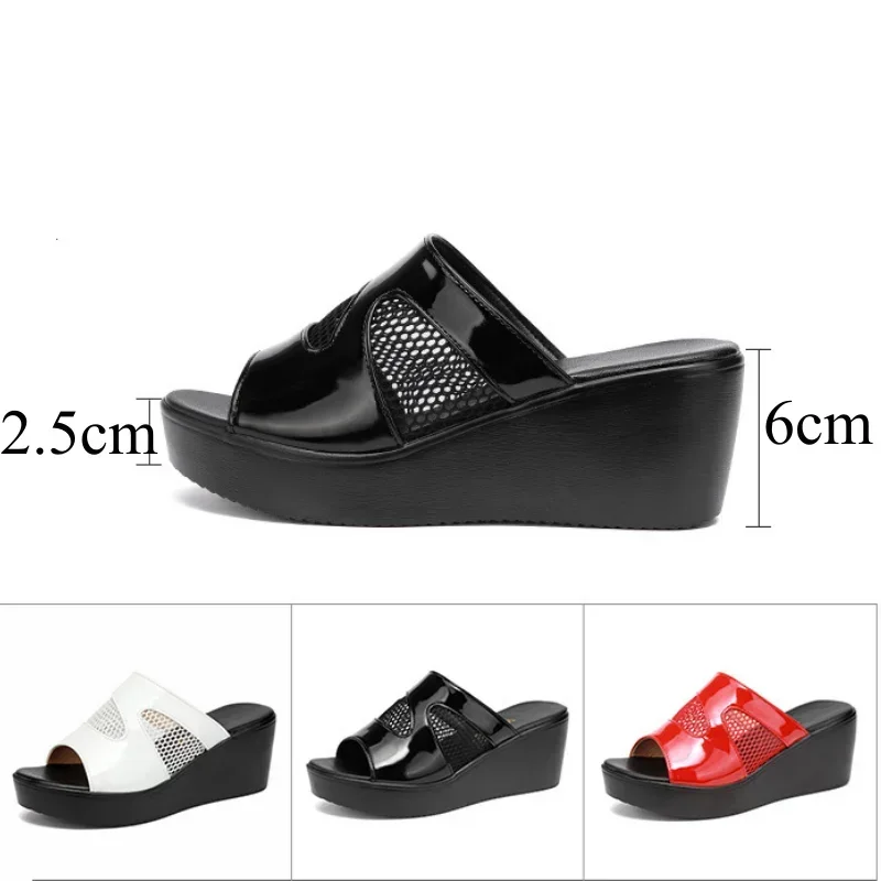 Taglia piccola 32-43 Ritaglio Scarpe in pelle verniciata Donna Zeppe Pantofole Estate 2024 Fuori Tacchi medi Piattaforma Presentazioni aziende