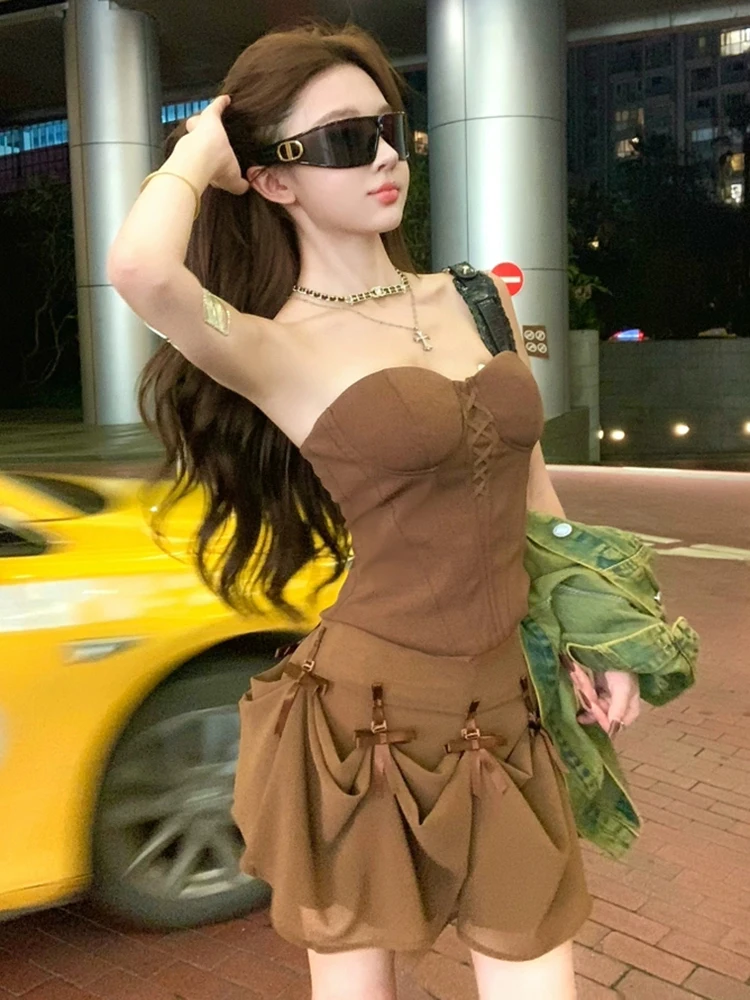 RORORIRI Desire-Top con corsé para mujer, falda de gasa, conjunto sin espalda, liso, ajustado, sin mangas, chaleco con lazo empalmado, falda plegable, ropa Retro