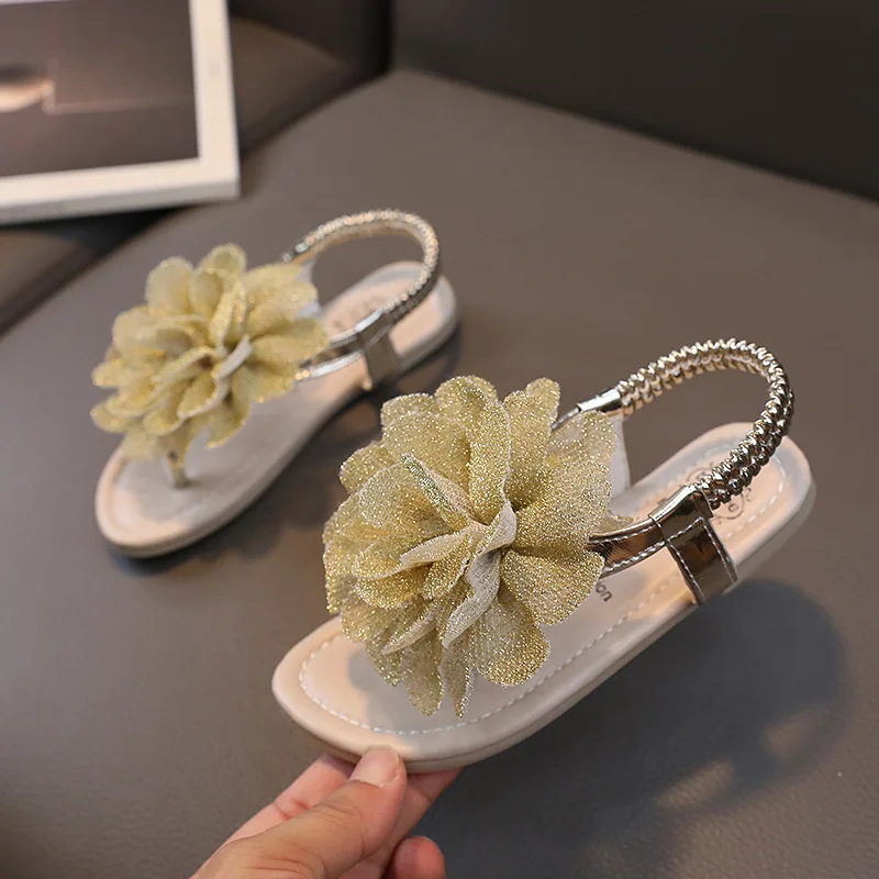 Girls Sandals 2023 Summer New Bling Flowers Baby Children Fashion Soft Bottom Student Shoes Kid\'s Slippers Pink Flats Flip Flops