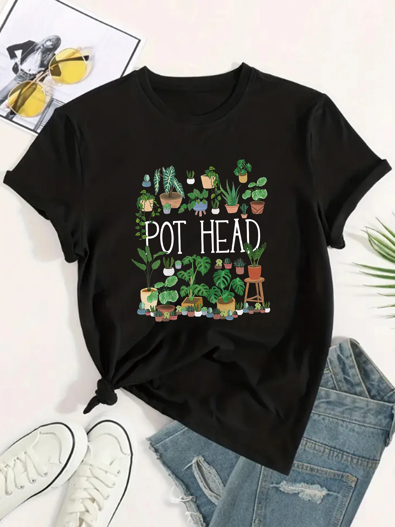 Pot Head Plant Pattern Printed T-shirt Fun Cute Street American Retro Women\'s Fashion Casual Summer Top 2024 New Kawaii