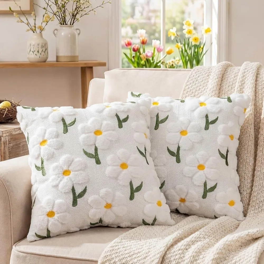 New Embroidery Daisy Spring Pillow Covers Soft 18 x 18 Inch Faux Fur Pillow Covers Square Throw Pillow Cases Home Sofa Decor