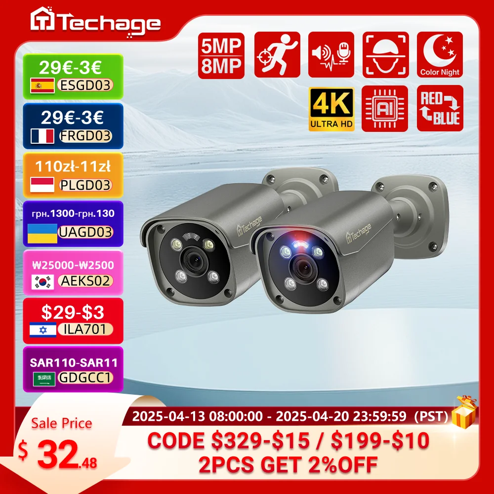 

Techage 4K 8MP PoE Outdoor Two-way Audio Bullet IP Camera H.265 Surveillance System ONVIF Motion Detect Email Alert XMeye