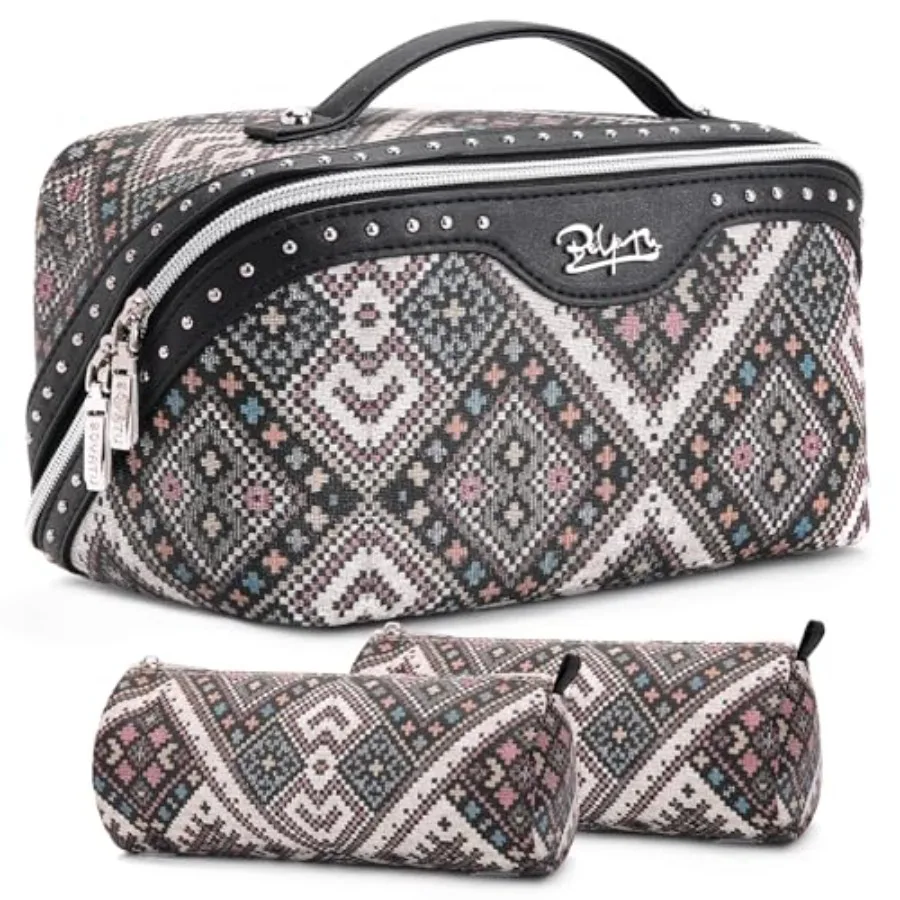 

Travel Makeup Bags for Women: Western Studded Boho Large Capacity Cosmetic Organizer - Wild, free, Punk Style - 3Pc Waterproof