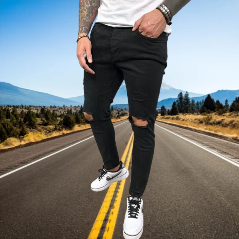 Pantalones vaqueros ajustados con agujero en la rodilla para hombre, Pantalón de algodón elástico de Color sólido, estilo Hip Hop, a la moda, S-4XL,